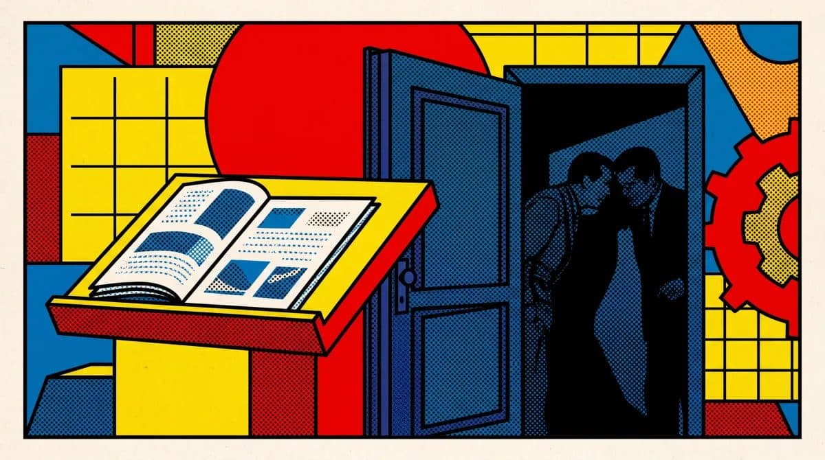 A pop-art illustration of two men conferring in a doorway beside an open book resting on a lectern