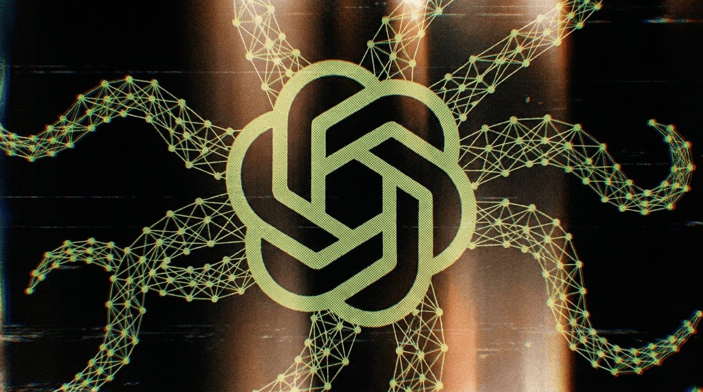 Il logo di OpenAI su uno sfondo scuro composto da filamenti di rete luminosi