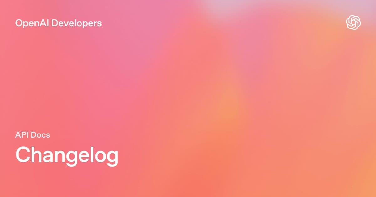 Une carte de documentation développeur OpenAI sur un dégradé rose, titrée « API Docs » et « Changelog ».