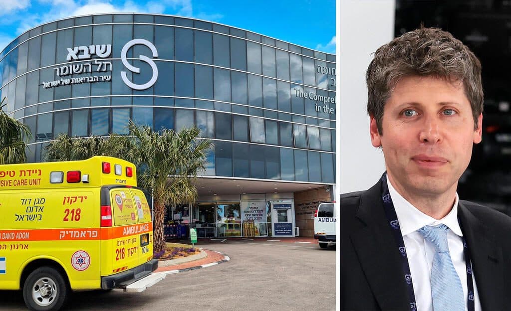 Um composto de notícia: uma ambulância estacionada em frente a um prédio do Sheba Medical Center, ao lado do retrato de um homem de terno