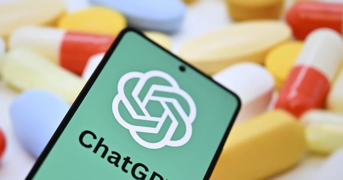 A smartphone showing the ChatGPT logo lying on a pile of pills and capsules