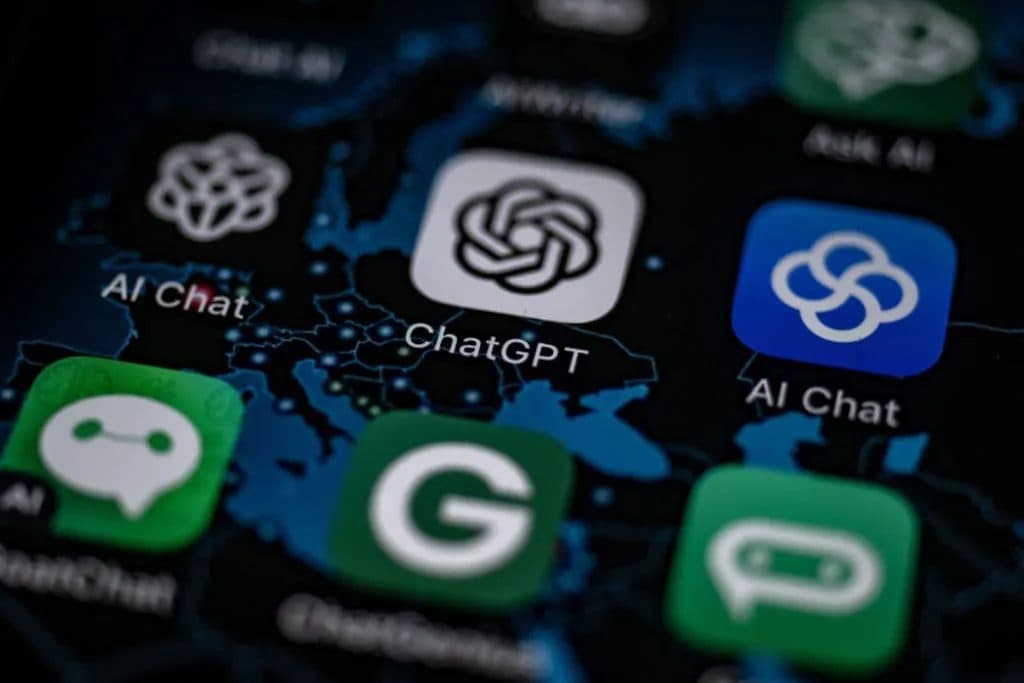 A close-up of a smartphone screen crowded with AI assistant app icons, ChatGPT among them.