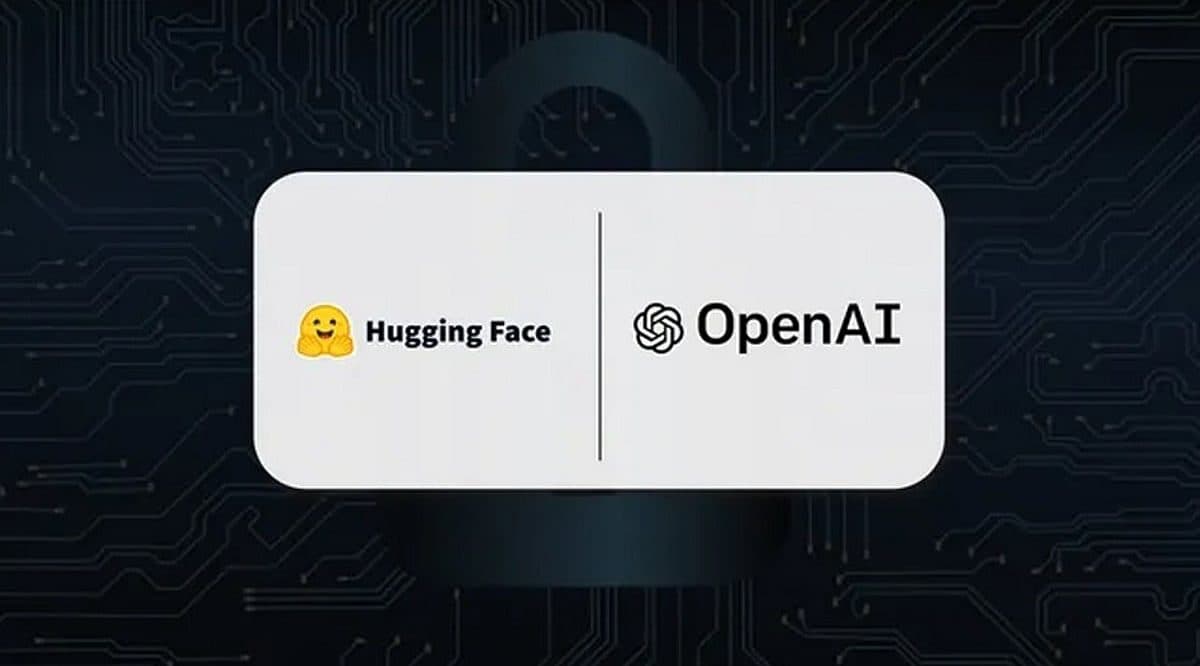 A graphic pairing the Hugging Face and OpenAI logos on a white card over a dark circuit-board background with a padlock