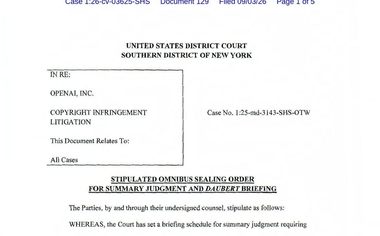 Prima pagina del documento giudiziario firmato, intestato 'United States District Court, Southern District of New York — In re: OpenAI, Inc. Copyright Infringement Litigation' e 'Stipulated Omnibus Sealing Order for Summary Judgment and Daubert Briefing'
