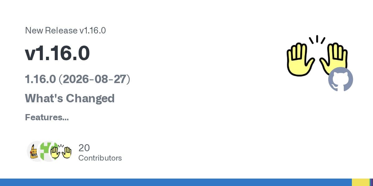 GitHub release card for OpenHands v1.16.0 dated 2026-08-27, showing the start of its Features list