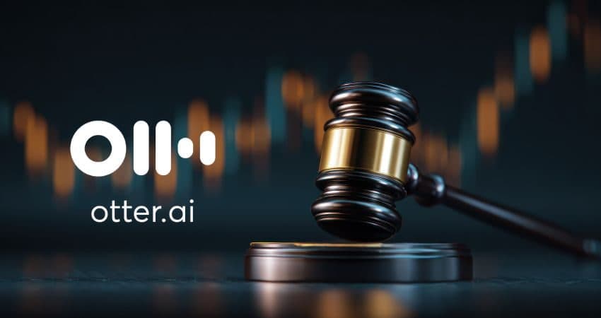 The otter.ai logo and wordmark beside a wooden judge's gavel resting on its block.