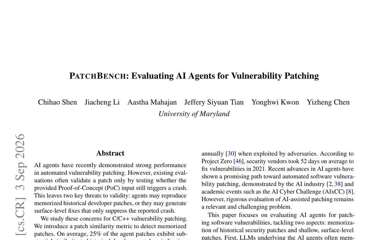 Primera página del preprint, titulada 'PatchBench: Evaluating AI Agents for Vulnerability Patching', fechada el 3 de septiembre de 2026