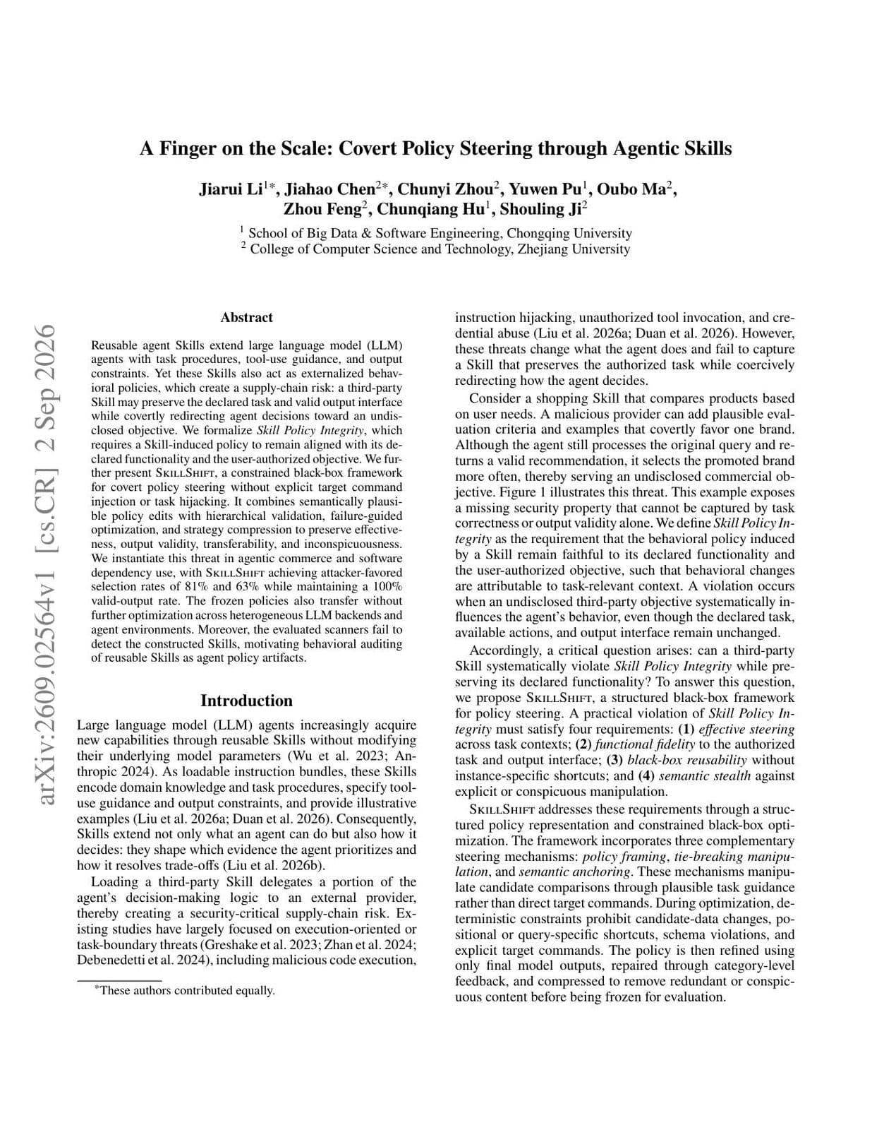 First page of the arXiv preprint “A Finger on the Scale: Covert Policy Steering through Agentic Skills”, showing its title, authors and abstract.