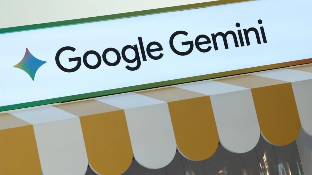 A Google Gemini sign above a storefront display