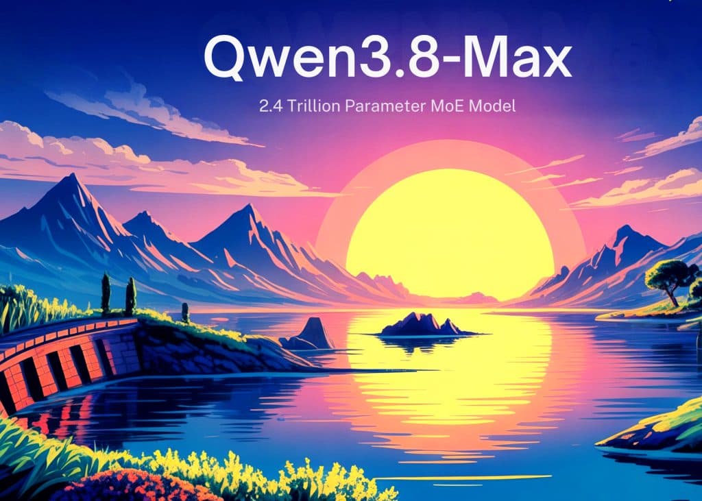 산과 물 위로 떠오르는 해를 그린 삽화, "Qwen3.8-Max — 2.4 Trillion Parameter MoE Model" 문구 포함.