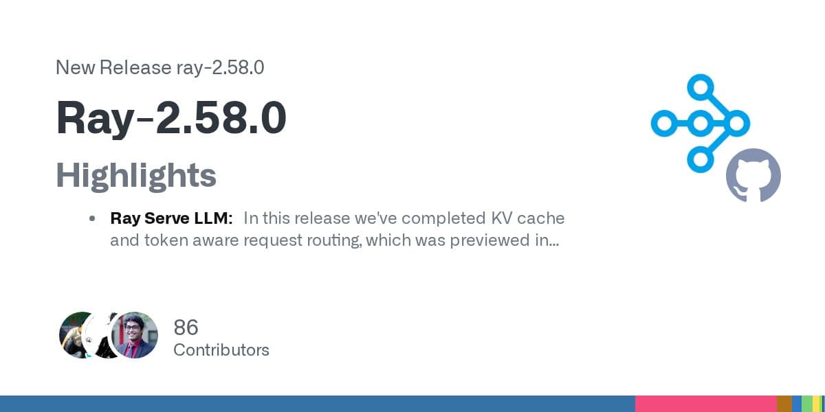 GitHub release card for Ray-2.58.0, showing a Highlights section whose first entry concerns Ray Serve LLM, with 86 contributors credited.