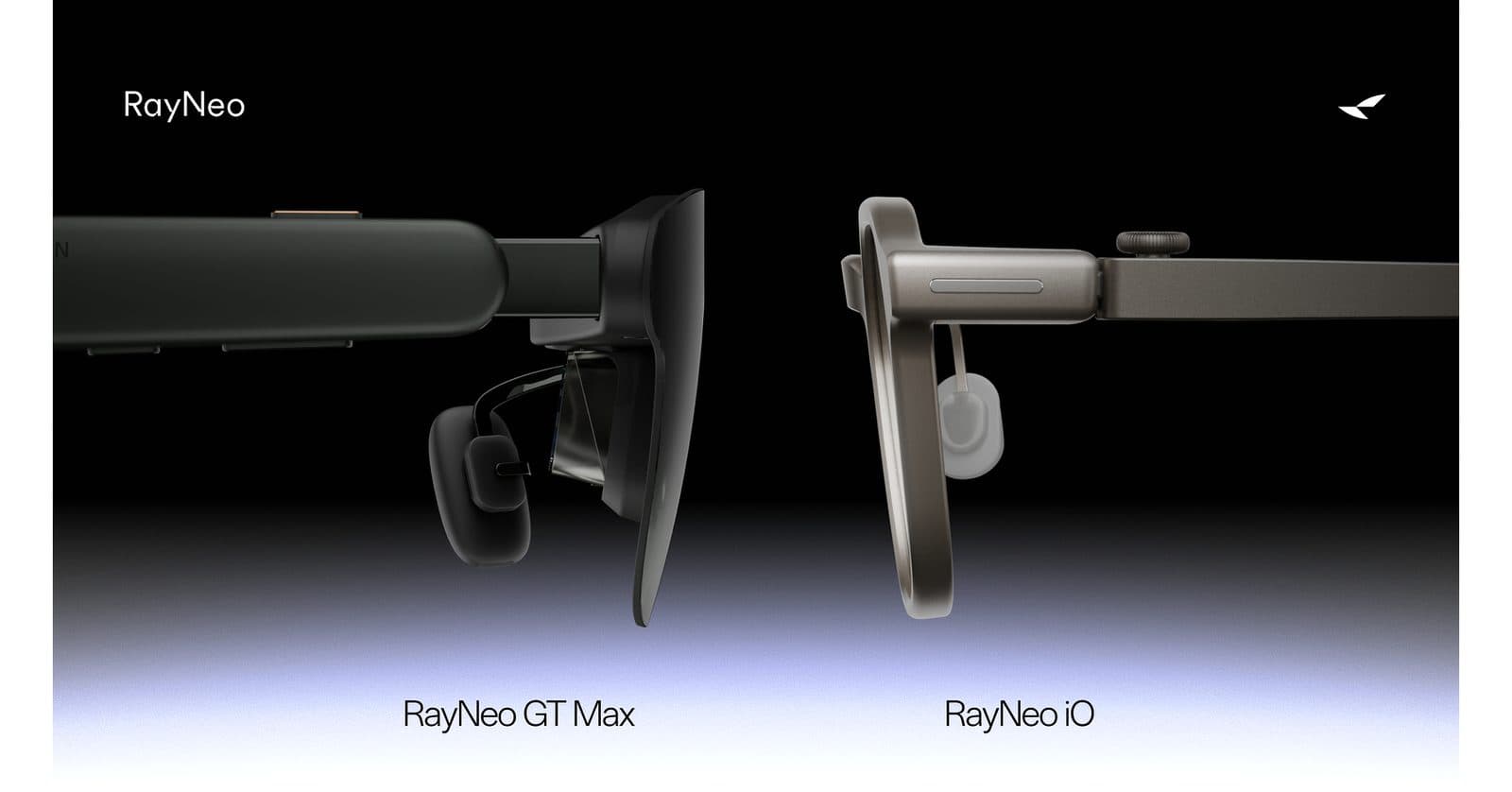 Foto prodotto di due paia di smart glasses RayNeo su sfondo scuro, con didascalia RayNeo GT Max e RayNeo iO.