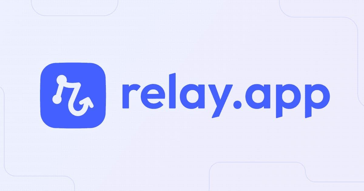 The relay.app wordmark and logo on a pale background