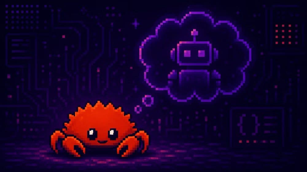 Illustration of the Rust crab mascot with a thought bubble containing a robot