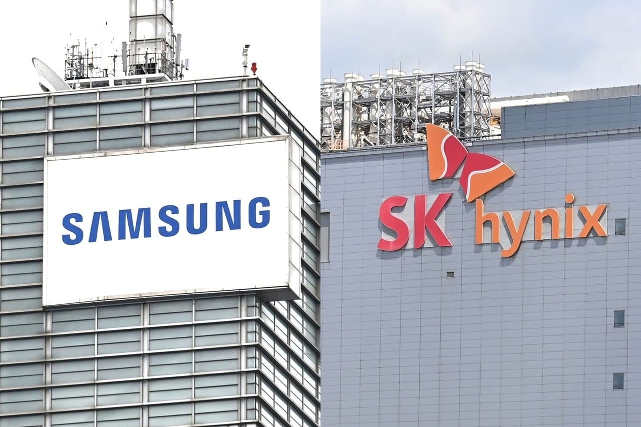 Logotipos corporativos da Samsung e da SK hynix em dois prédios de escritórios adjacentes, mostrados lado a lado.
