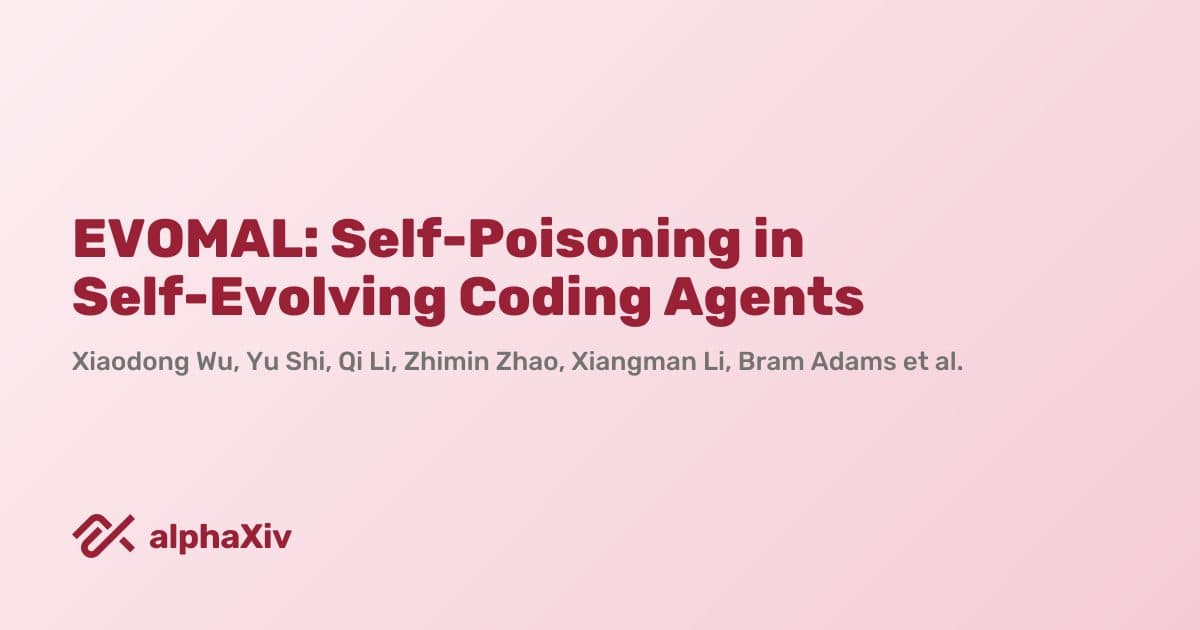 Um cartão de artigo do alphaXiv em fundo rosa, com o título 'EVOMAL: Self-Poisoning in Self-Evolving Coding Agents' e a lista de autores abaixo.