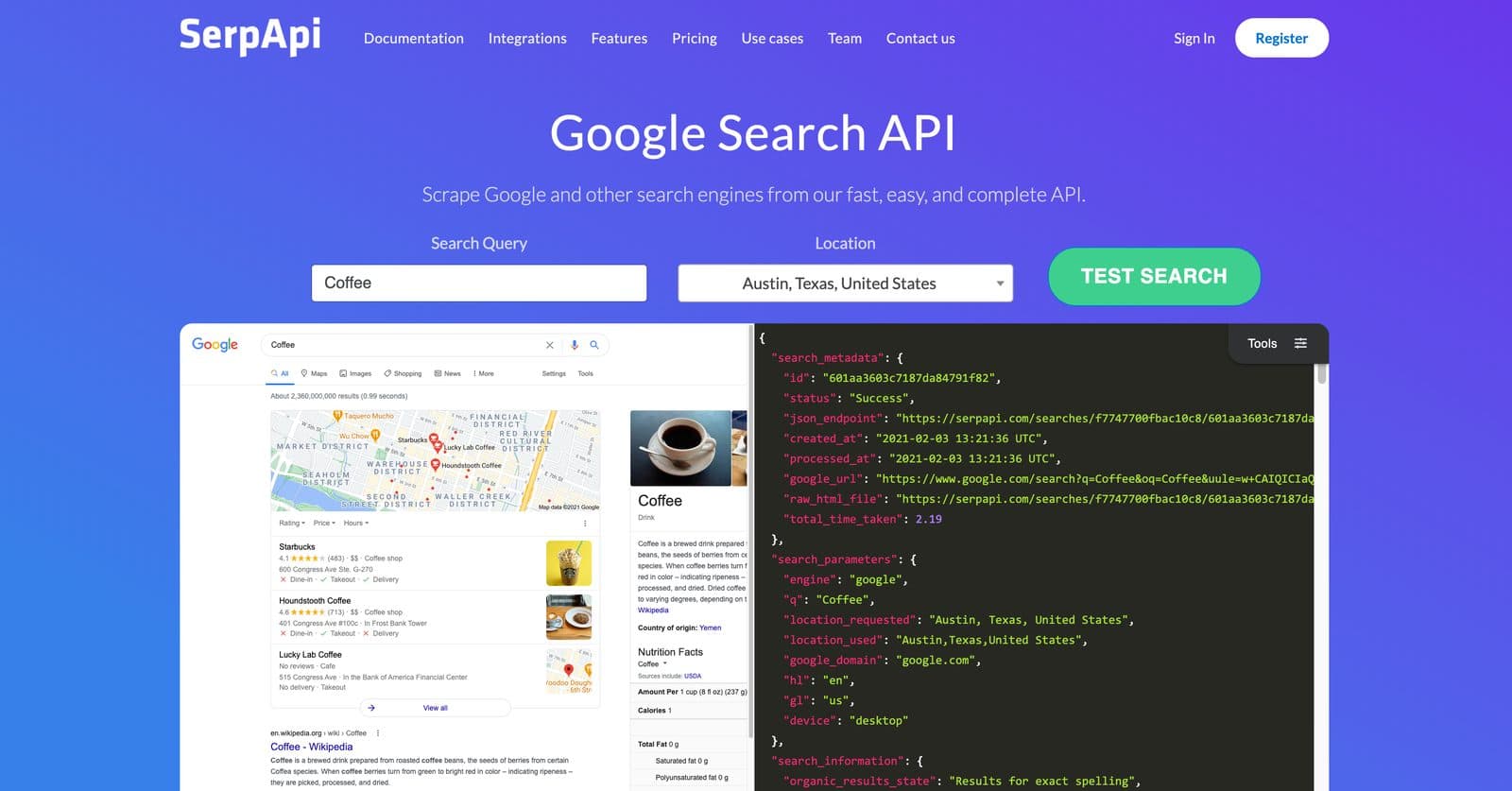 Captura de tela do site da SerpApi promovendo sua API de Busca do Google, mostrando um formulário de consulta ao lado de um painel de JSON retornado