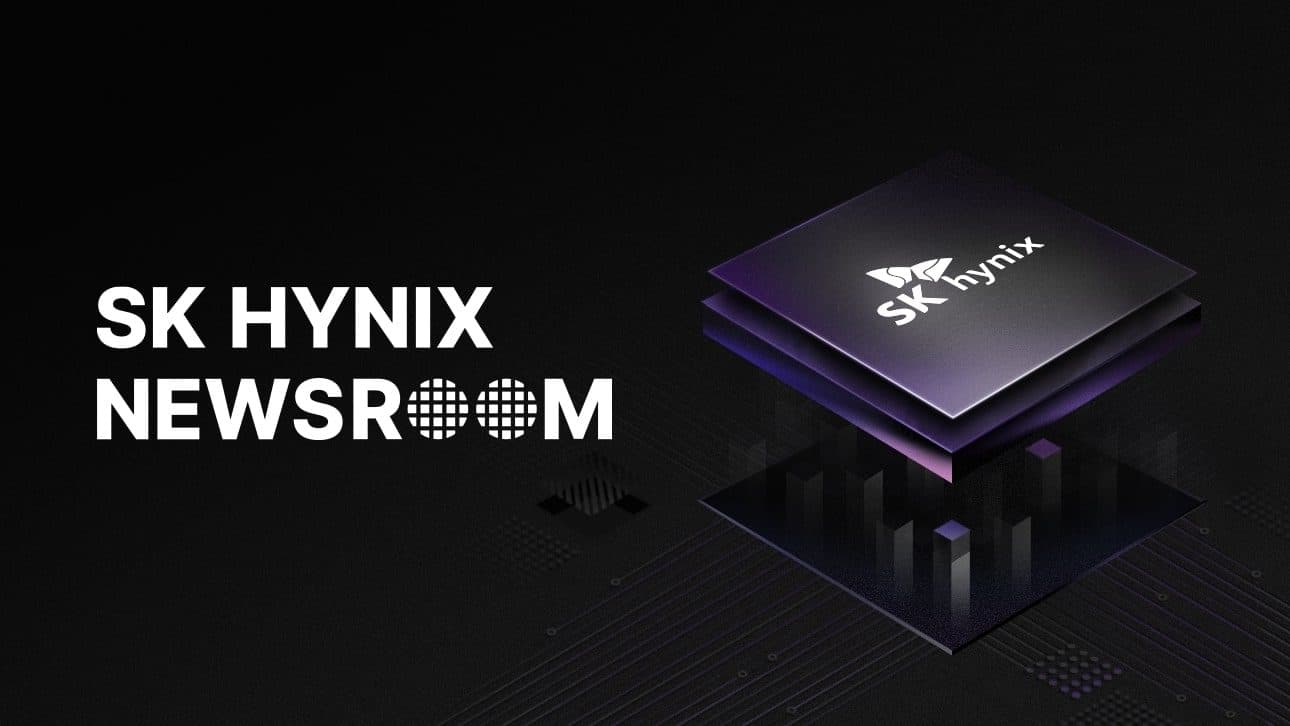 SK hynix newsroom title card in white on black, beside a rendering of a memory chip package.