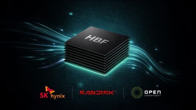 Gráfico promocional con una pila de chips flash etiquetada HBF sobre un fondo de placa base, con los logotipos de SK hynix, SanDisk y Open Compute Project debajo.
