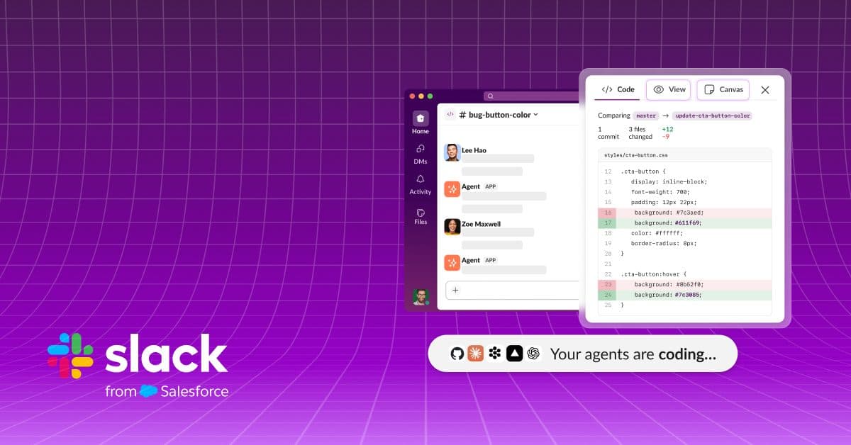 Screenshot di Slack su sfondo viola con un canale di codice, un pannello diff e la didascalia 'Your agents are coding'.