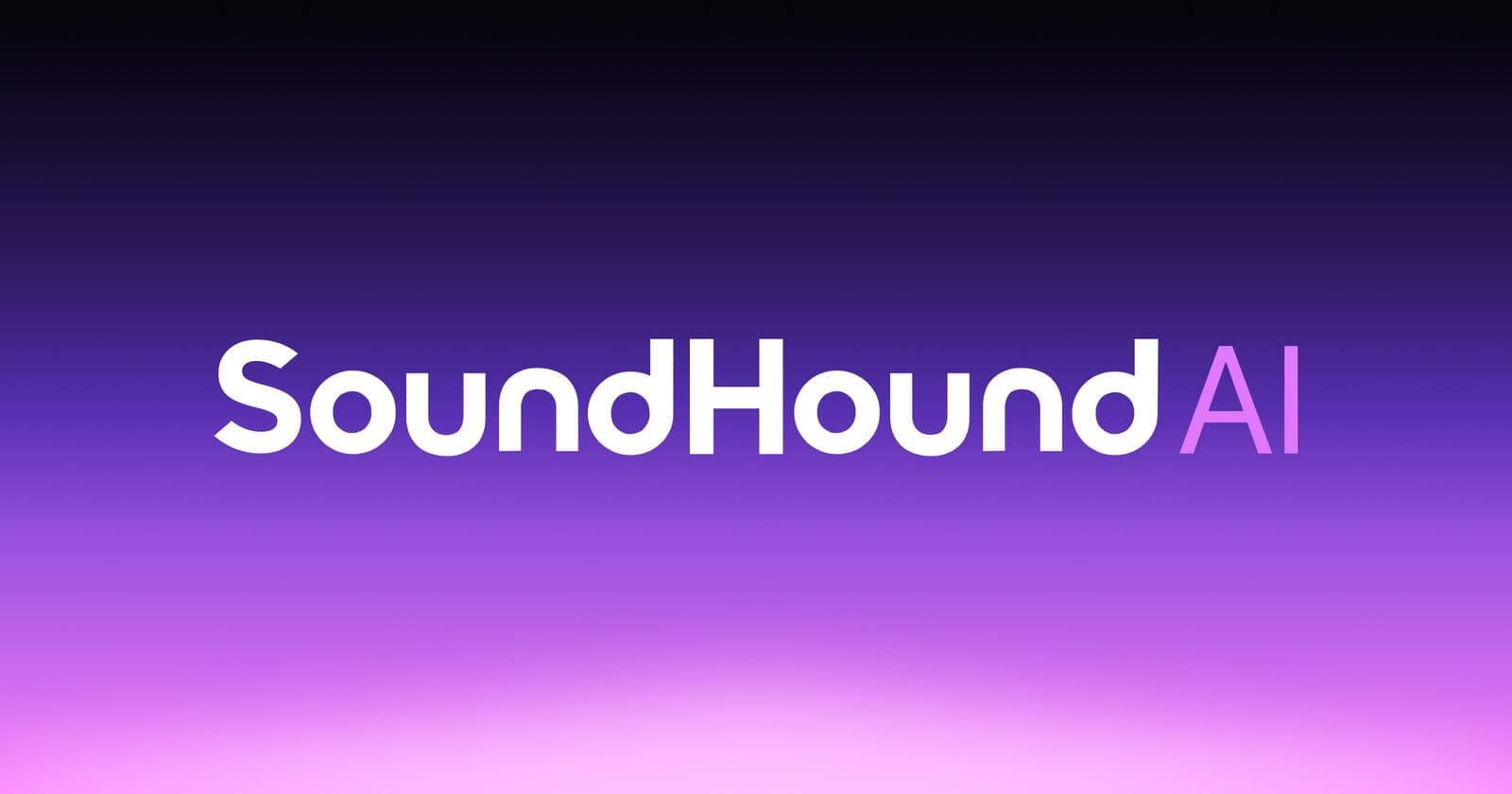 Logo SoundHound AI en blanc et magenta sur une carte de marque en dégradé violet