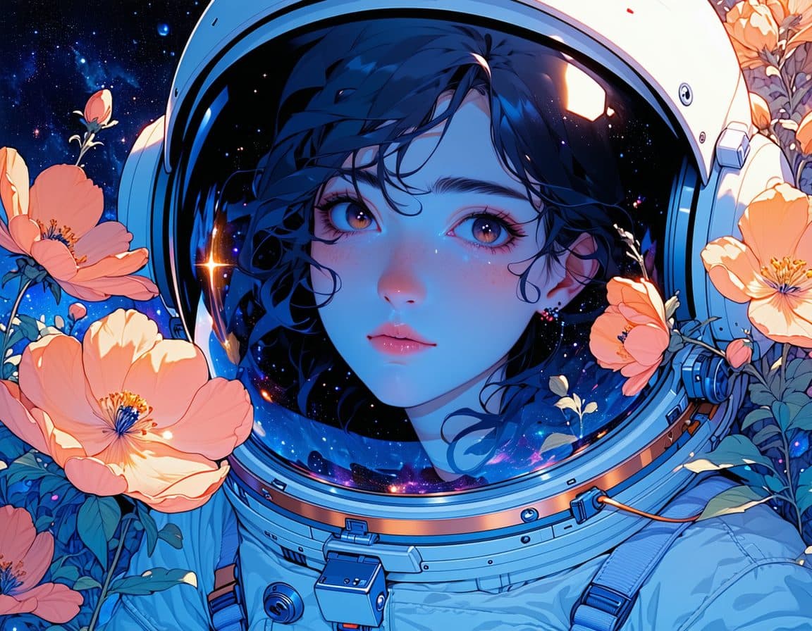 Uma ilustração gerada por IA de uma figura com capacete de astronauta cercada por grandes flores rosas e laranja