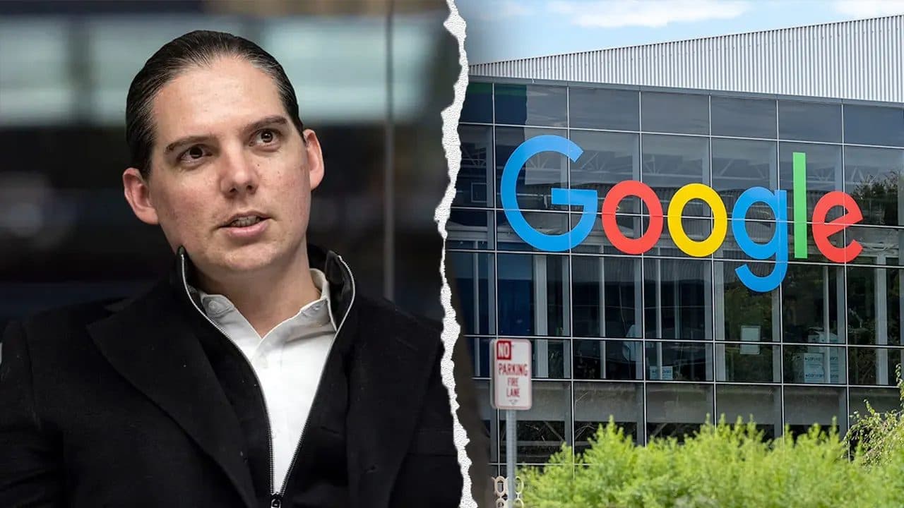 صورة مقسومة تُظهر الناشط Robby Starbuck إلى جانب لافتة لمكتب Google