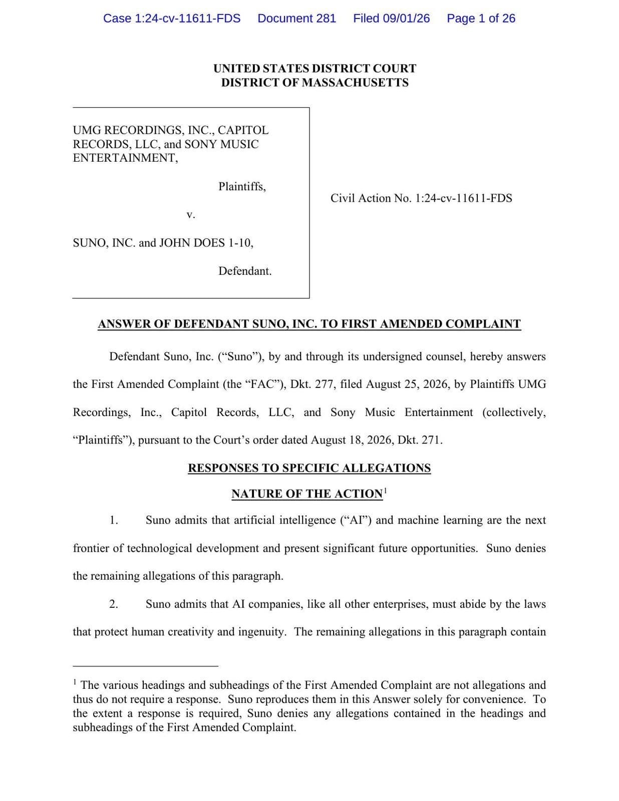 La primera página de la respuesta de Suno a la primera demanda enmendada, encabezada Tribunal de Distrito de Estados Unidos, Distrito de Massachusetts.