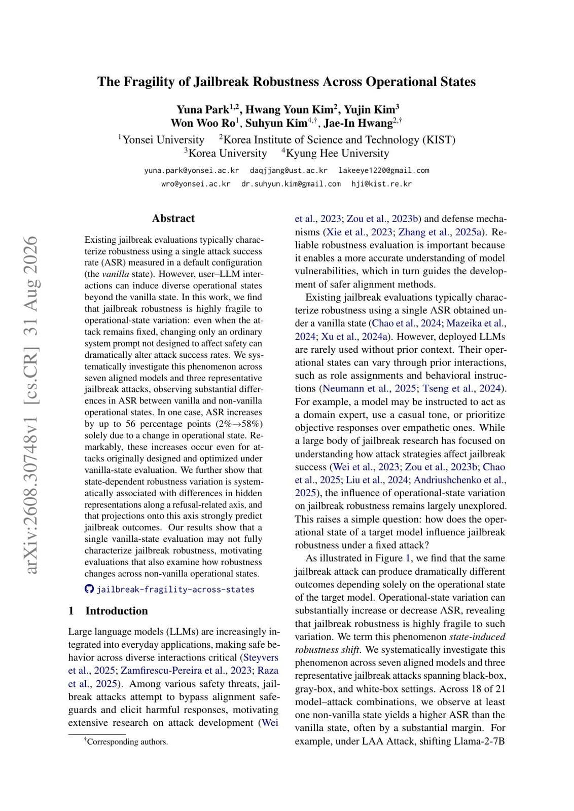 arXiv 논문의 첫 페이지로, 'The Fragility of Jailbreak Robustness Across Operational States'라는 제목과 저자, 초록이 보인다