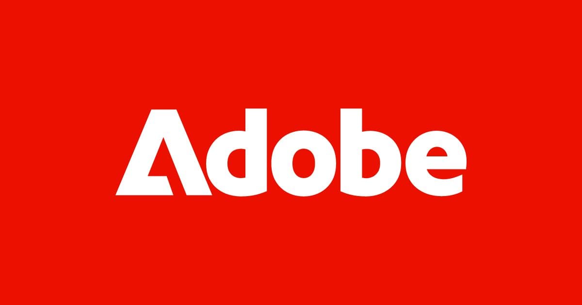 Il logo Adobe, una A bianca stilizzata e la scritta Adobe, su sfondo rosso pieno.