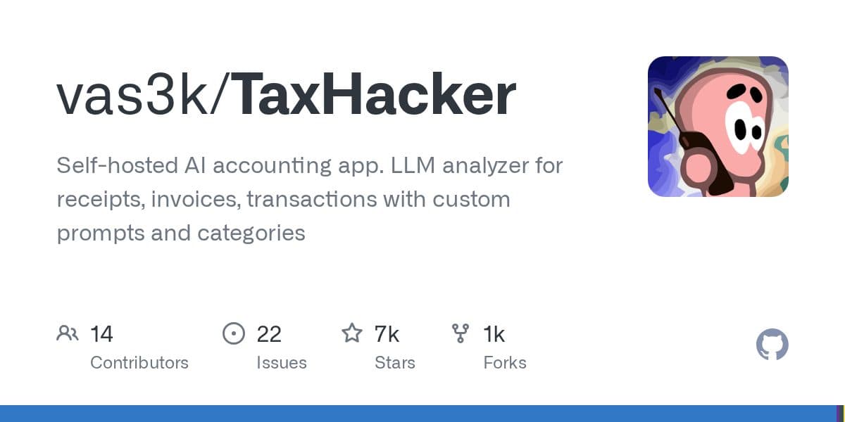 GitHub repository card for vas3k/TaxHacker, describing it as a self-hosted AI accounting app that analyses receipts, invoices and transactions with an LLM.