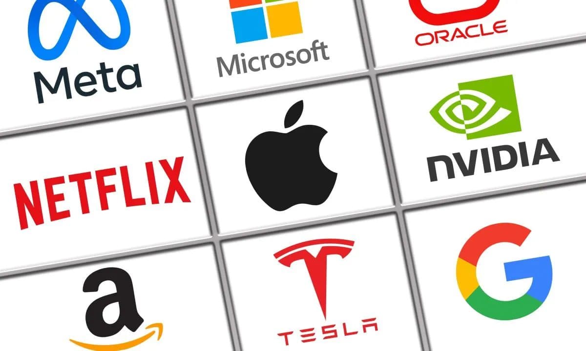 Сетка логотипов технологических компаний, включая Meta, Microsoft, Oracle, Netflix, Apple, Nvidia, Amazon, Tesla и Google