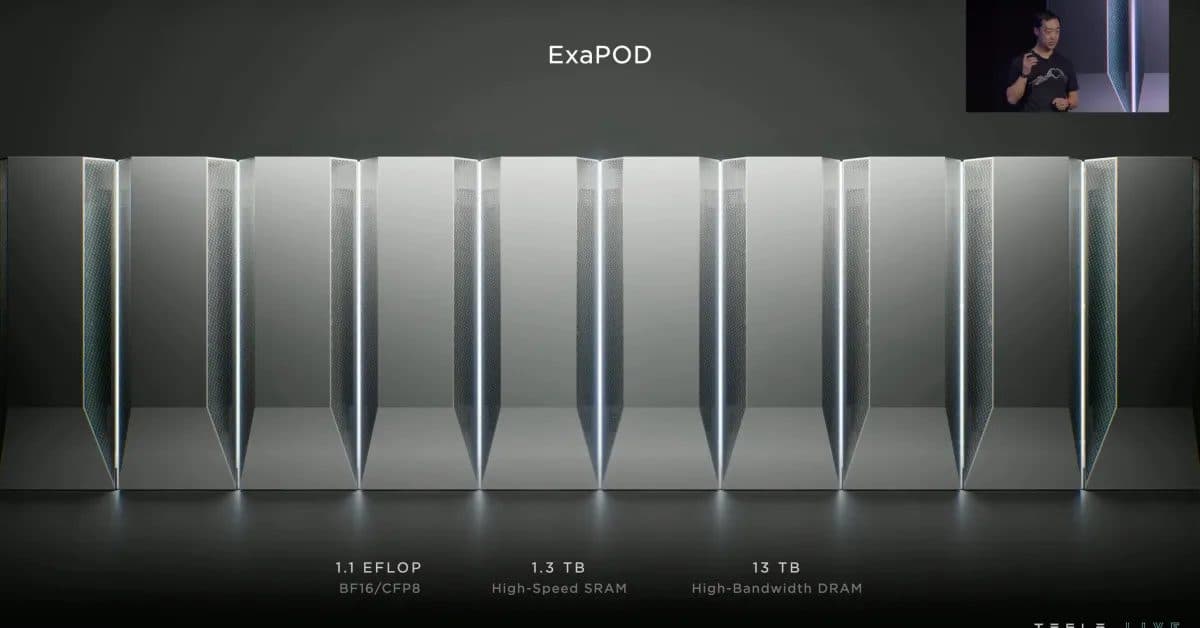A Tesla presentation slide showing the ExaPOD system and its published specifications