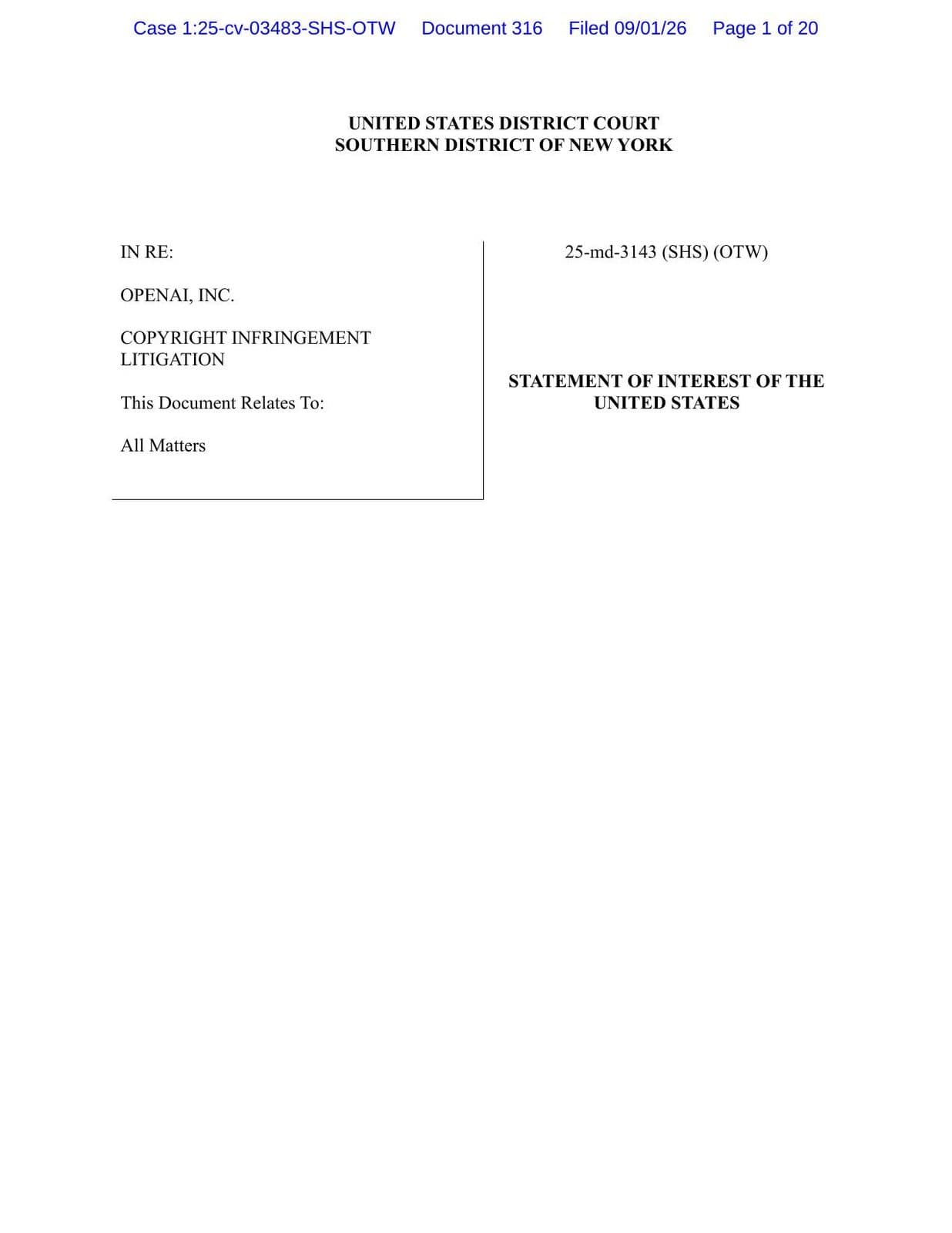 The first page of the United States' Statement of Interest as filed, headed United States District Court, Southern District of New York, in the OpenAI copyright litigation.