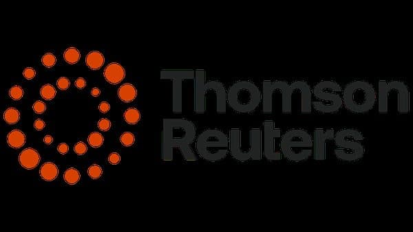 O logo da Thomson Reuters — uma composição laranja de pontos ao lado do nome da empresa — sobre fundo escuro.
