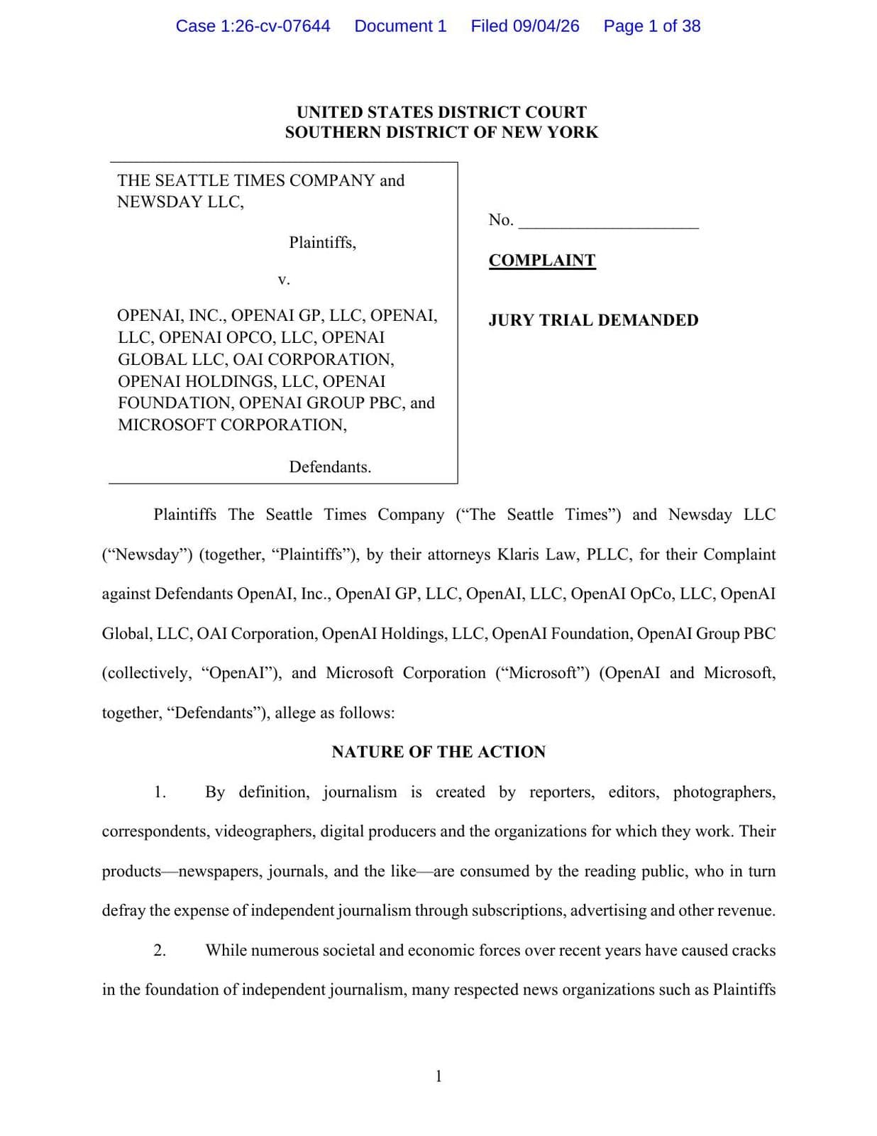 First page of the Seattle Times and Newsday complaint, case 1:26-cv-07644, listing the OpenAI entities and Microsoft as defendants