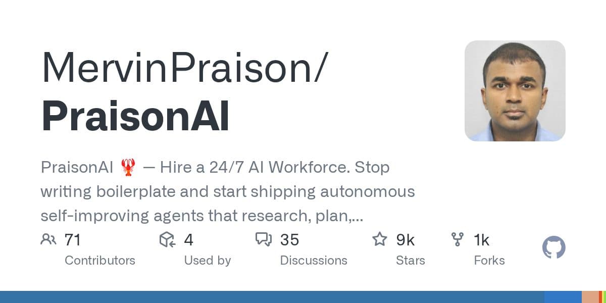 O cartão do repositório GitHub MervinPraison/PraisonAI, mostrando sua descrição junto aos números de contribuidores, estrelas e forks