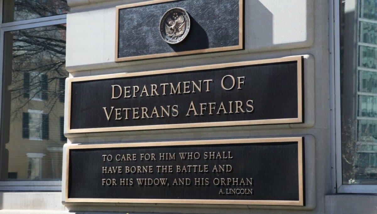 The Department of Veterans Affairs building sign, carrying the Lincoln quotation about caring for those who have borne the battle