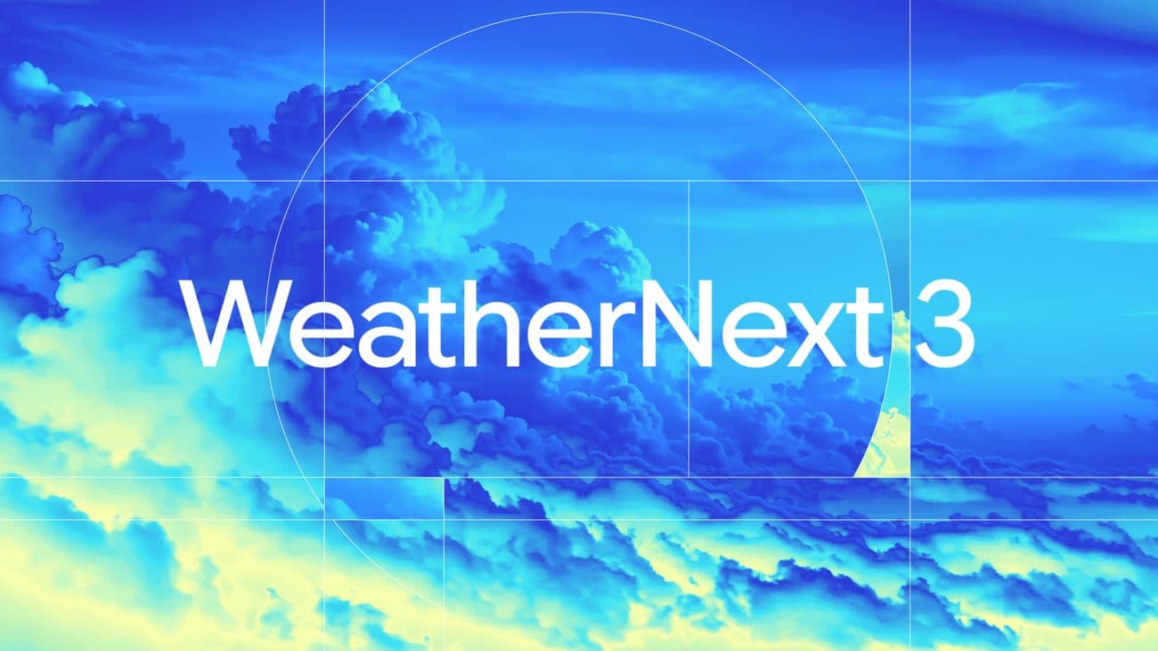 Grafica del titolo di Google DeepMind con la scritta 'WeatherNext 3' su un campo di nubi blu e gialle renderizzato