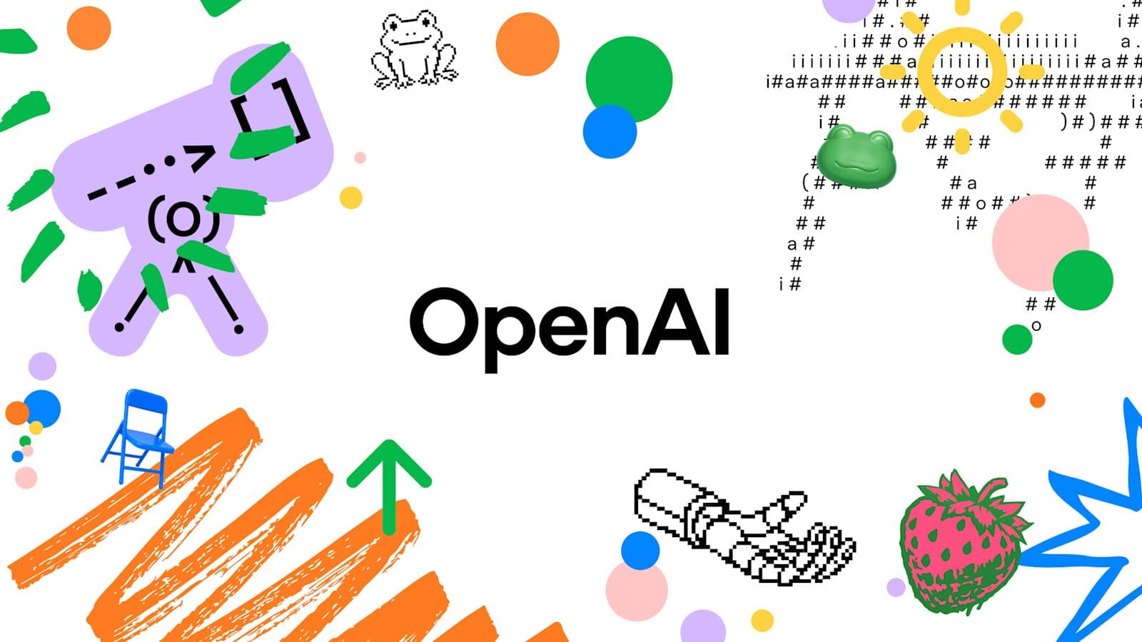 Cartão ilustrado da marca corporativa da OpenAI, com o wordmark OpenAI entre desenhos lineares e formas coloridas.