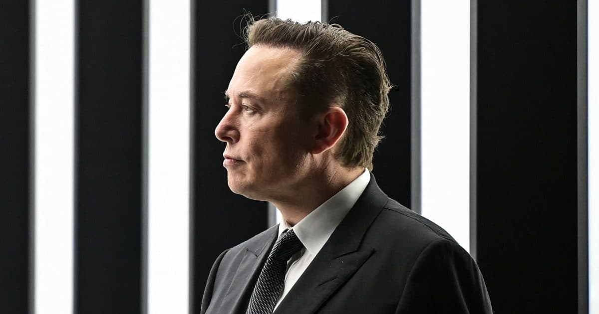 Elon Musk con traje oscuro, fotografiado de perfil frente a un fondo a rayas