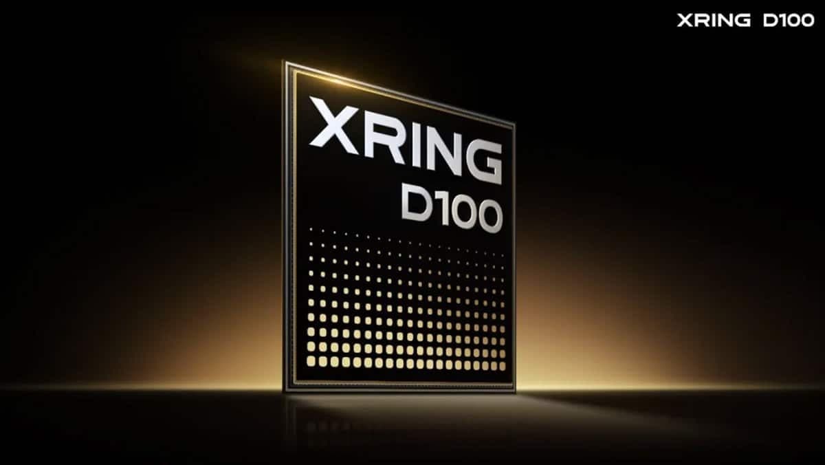 Um render do pacote do processador Xring D100 da Xiaomi, iluminado em dourado sobre fundo escuro, com o nome Xring D100 acima.